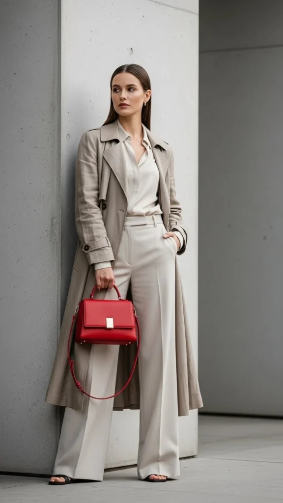 All-Neutral Outfit With Red Bag