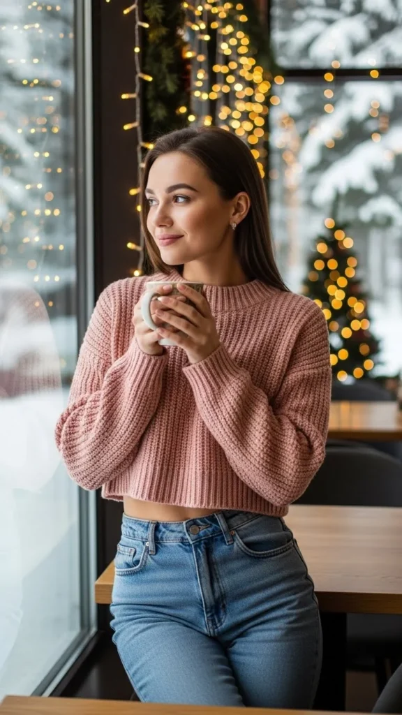 Blush Cropped Knit with High-Waist Denim