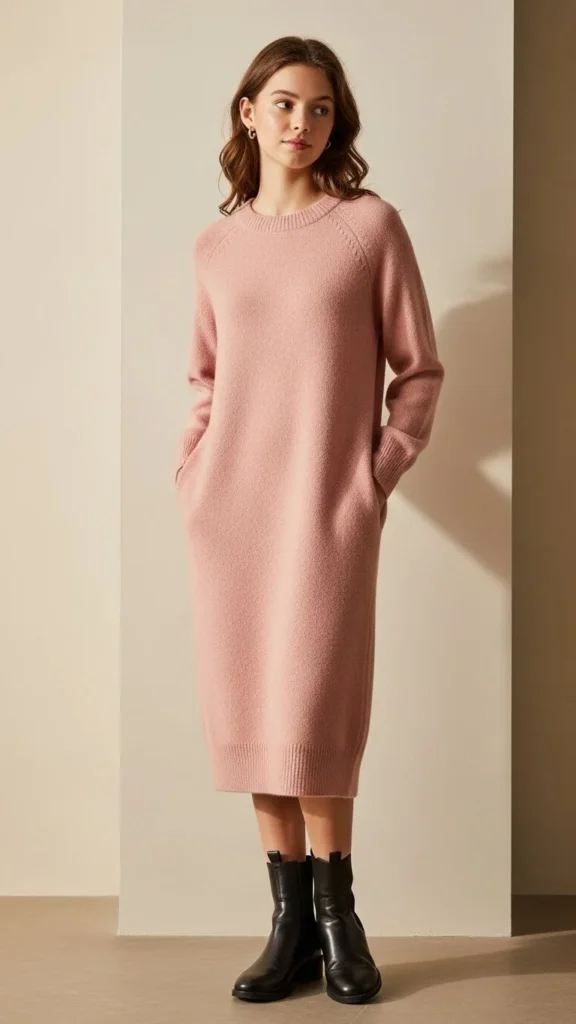 Blush Knit Dress With Ankle Boots