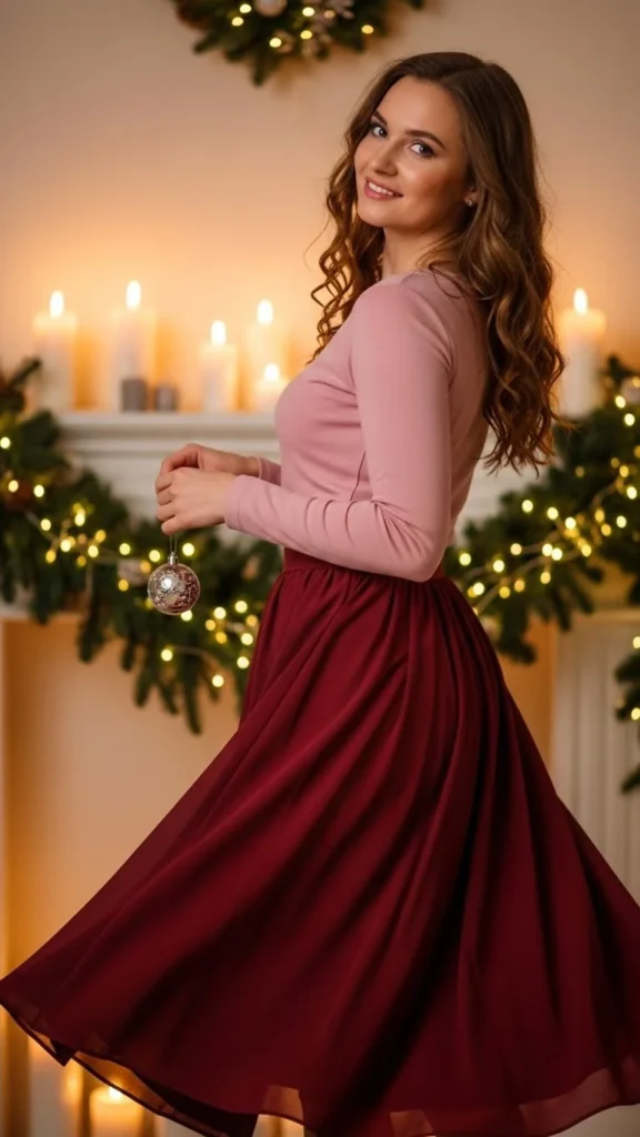 Burgundy Skirt With a Soft Pink Top