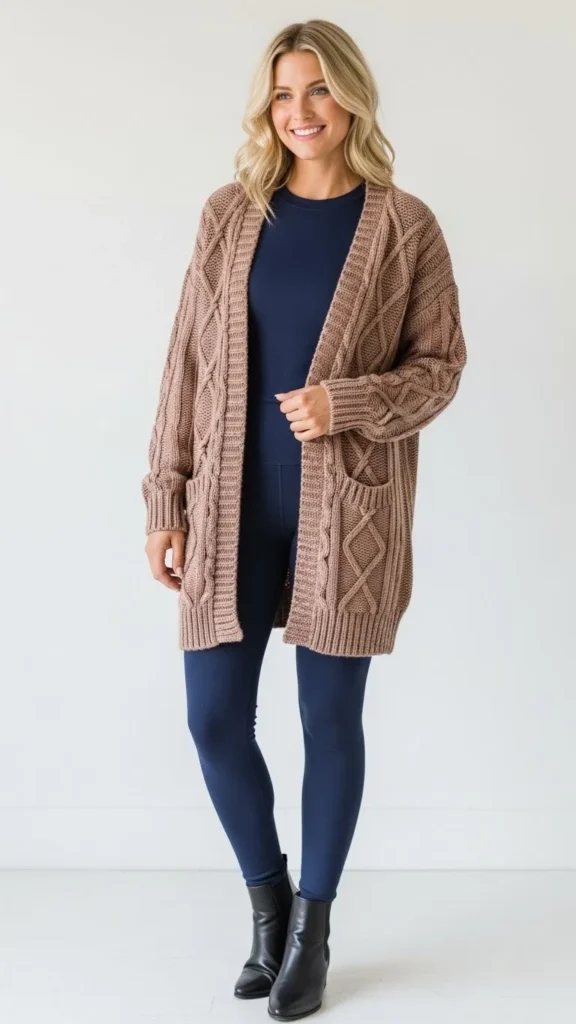 Cable Knit Cardigan Over Thermal Top