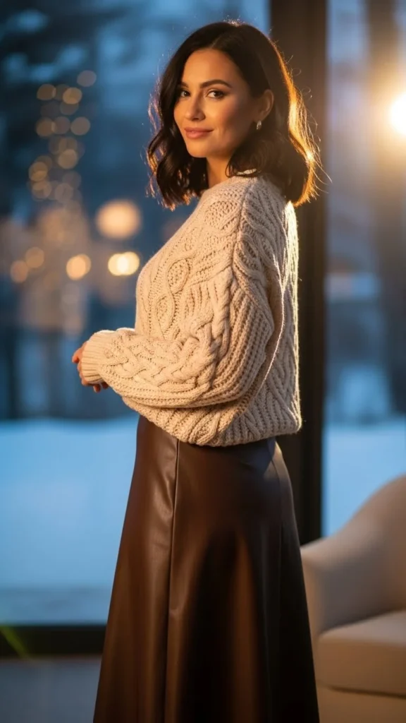 Cable Knit Sweater with a Leather-Style Skirt