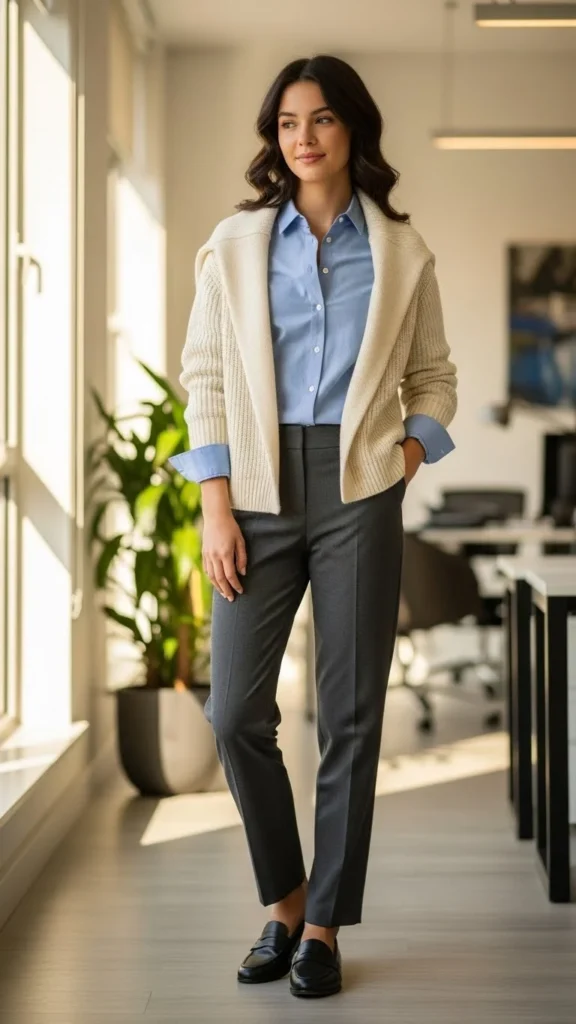 Cardigan Layered Over Crisp Shirt