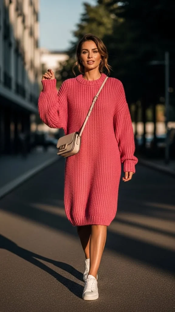 Casual Pink Knit Dress With Sneakers