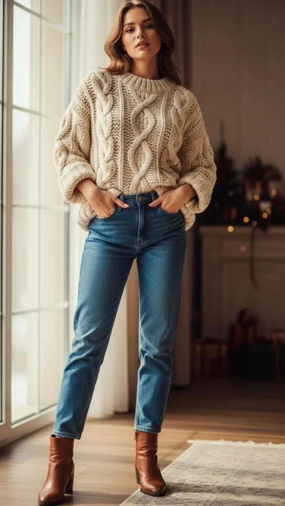 Chunky Knit Sweater With Straight Jeans