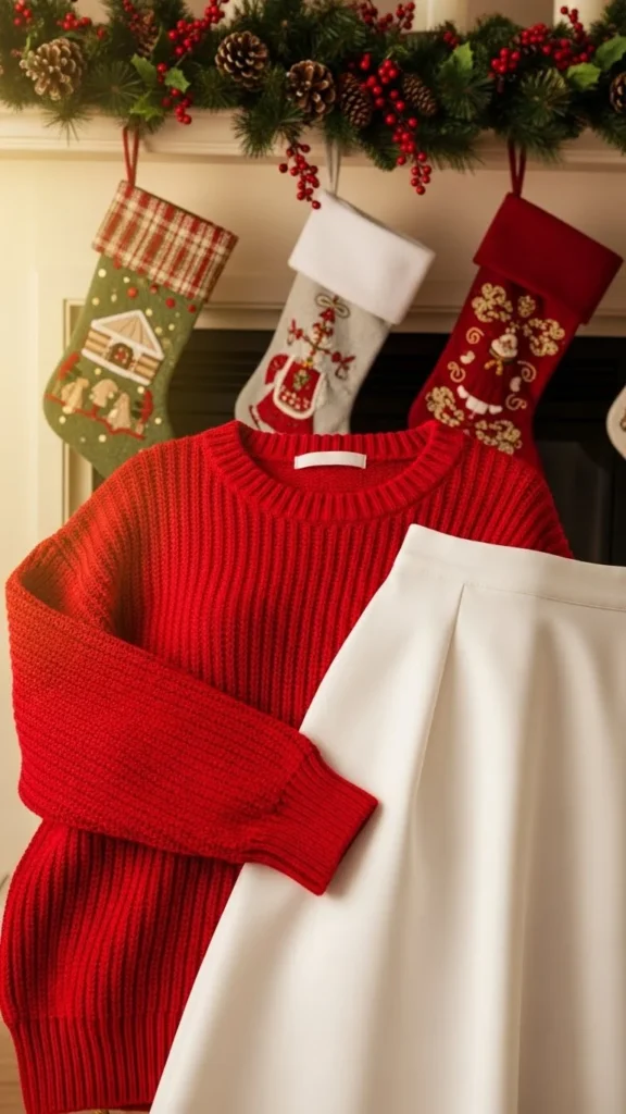 Classic Red Sweater With a White Skirt