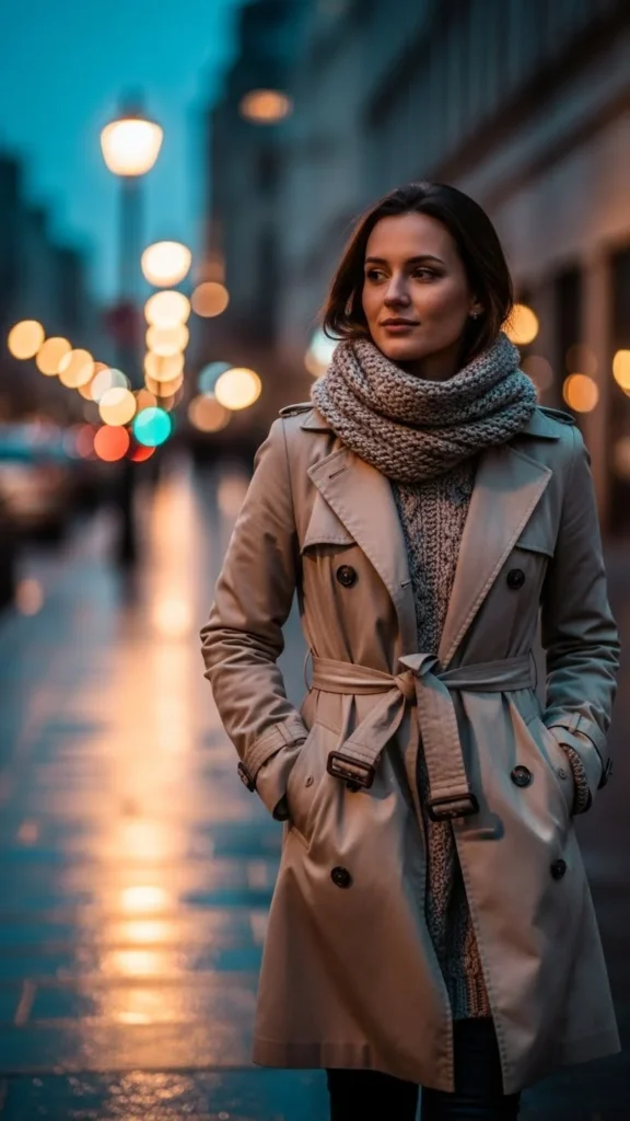 Classic Trench Coat with Warm Knit Layers