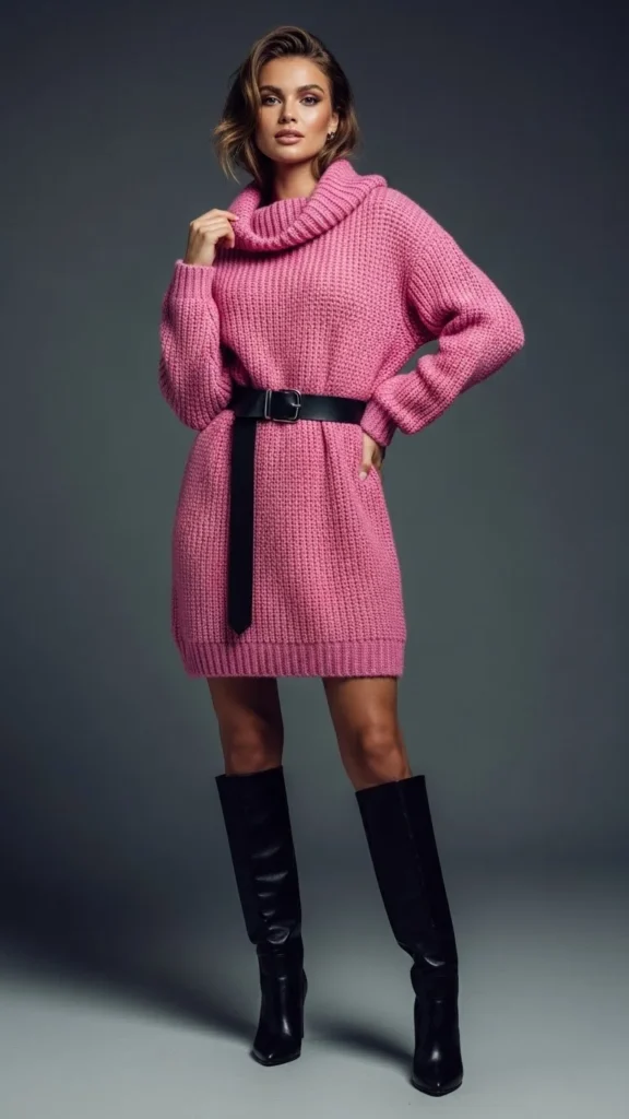 Cozy Pink Sweater Dress With a Belt