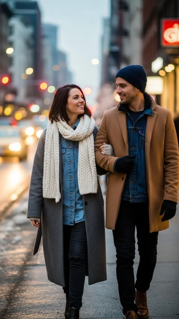 Denim Jacket Layered Under a Wool Coat