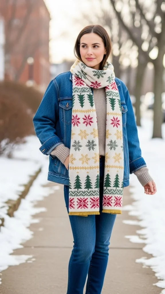 Denim Jacket With Holiday Scarf