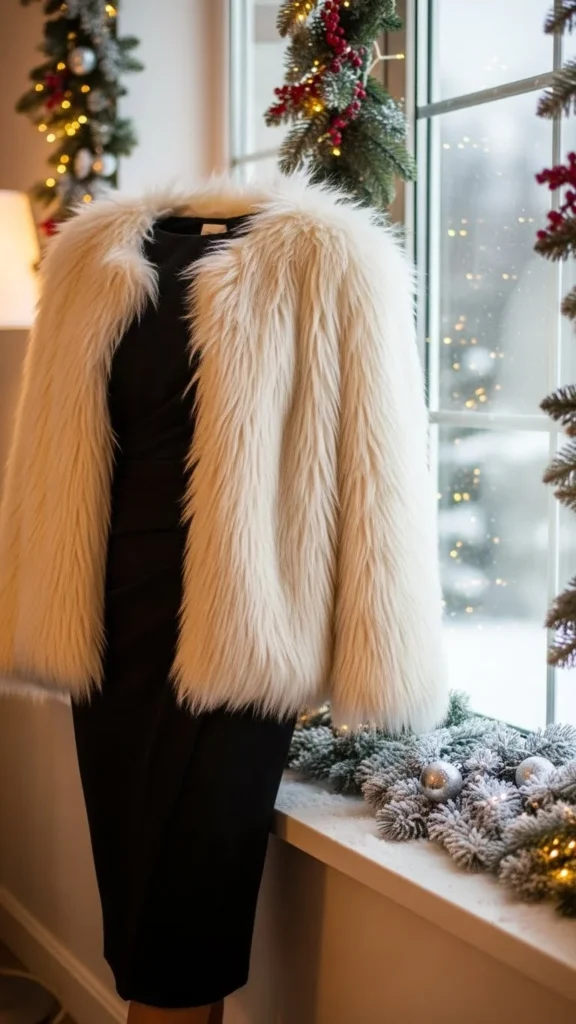 Faux Fur Jacket Over a Simple Black Dress