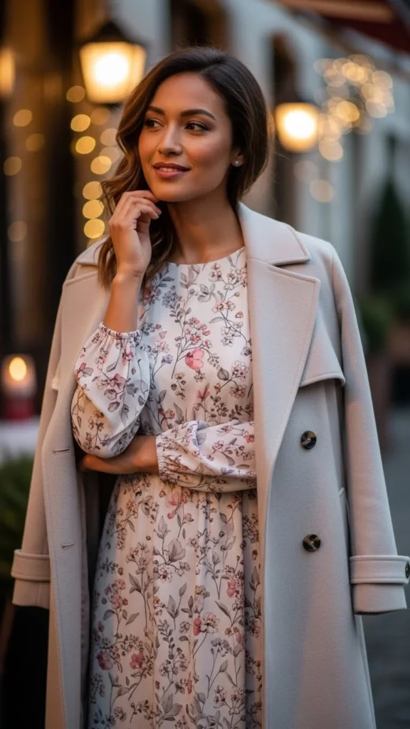 Floral Dress With Neutral Coat