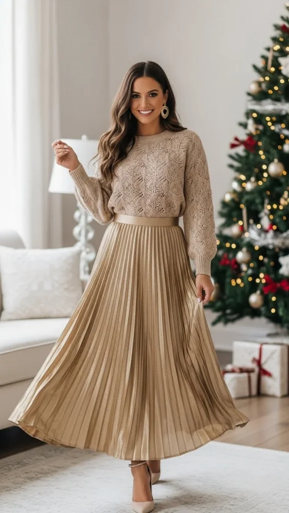 Gold Pleated Skirt With Knit Top