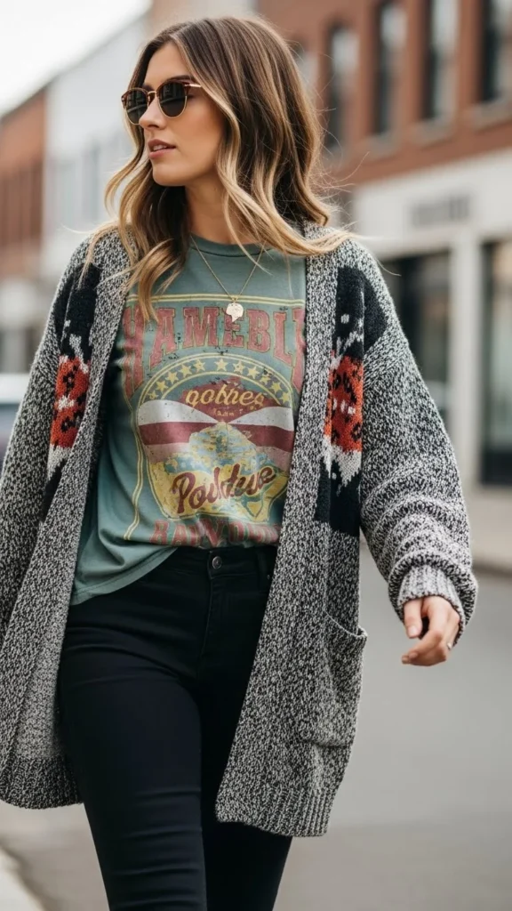 Graphic Tee With Cozy Cardigan