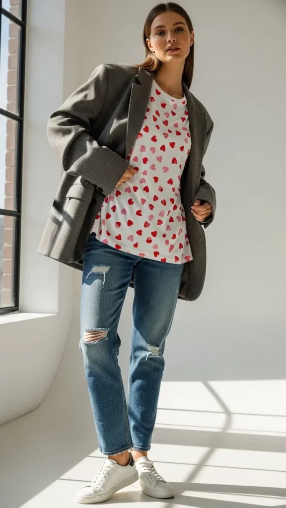 Heart Print Tee With Oversized Blazer