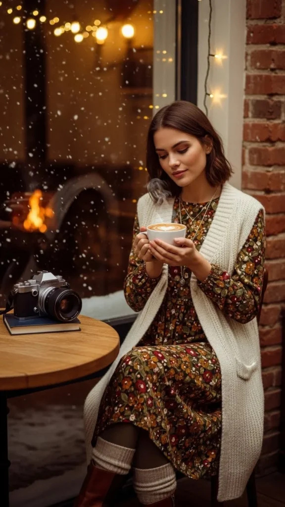 Knit Vest Over Long-Sleeve Dress