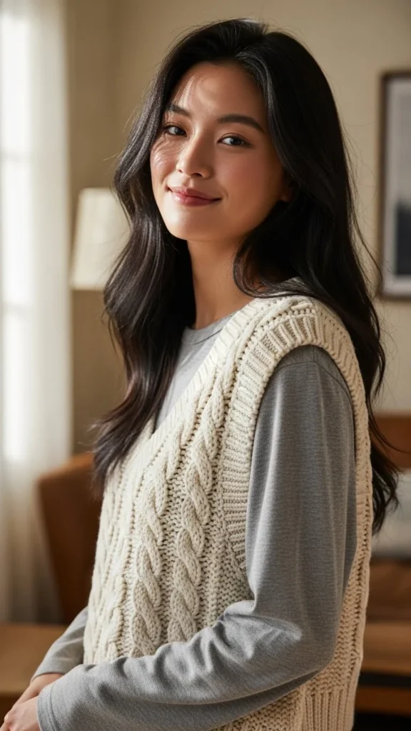 Knit Vest Over a Long Sleeve Tee