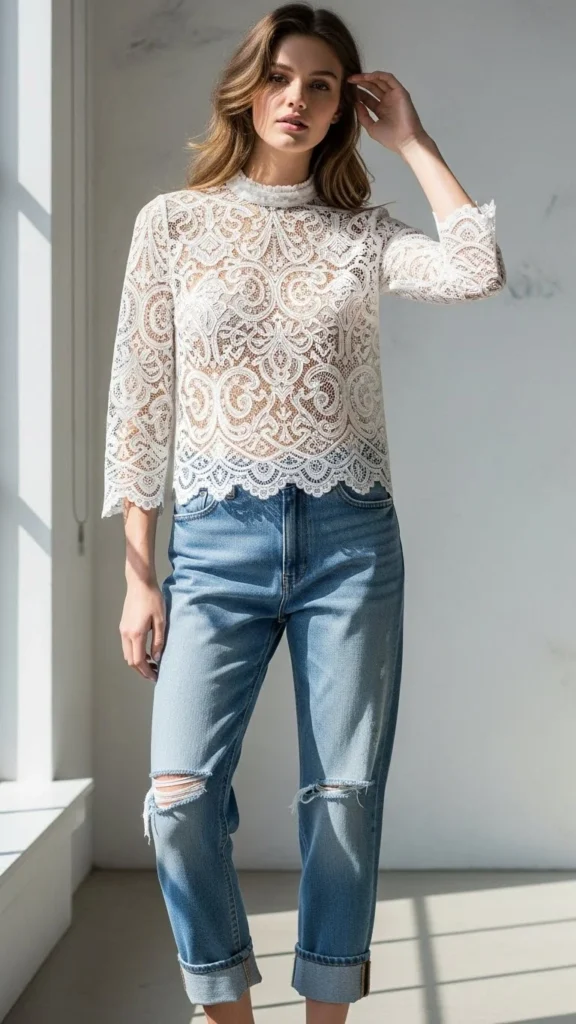 Lace Top With Relaxed Denim
