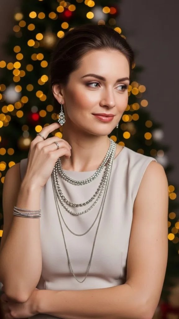 Layered Necklaces Over Simple Dress