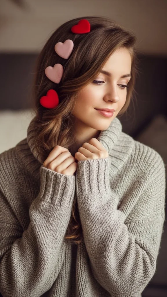 Neutral Sweater With Heart Hair Clips