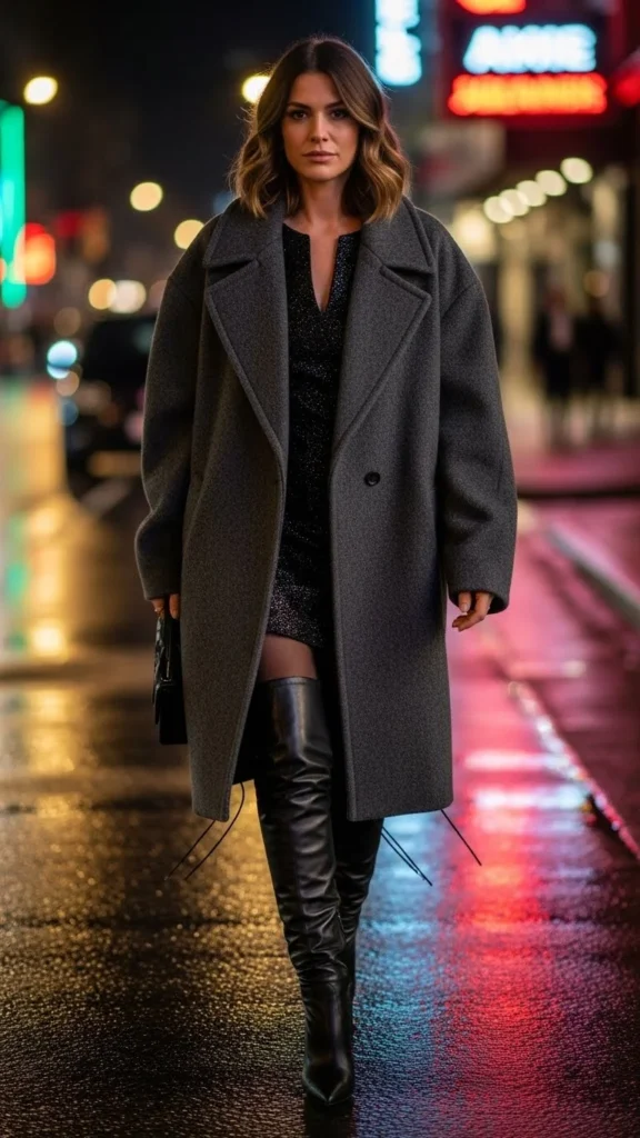 Oversized Coat Styled Over a Mini Dress