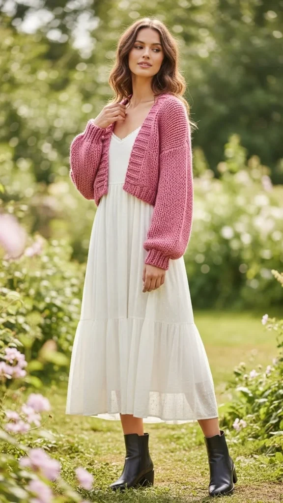 Pink Cardigan Over a White Dress