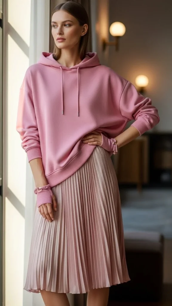 Pink Hoodie With Pleated Skirt