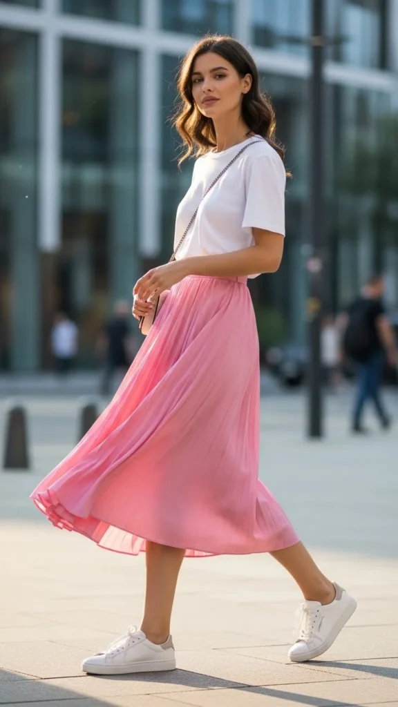 Pink Midi Skirt With a Simple Tee