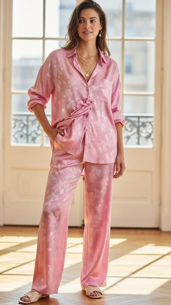 Pink Pajama-Inspired Set Styled Out