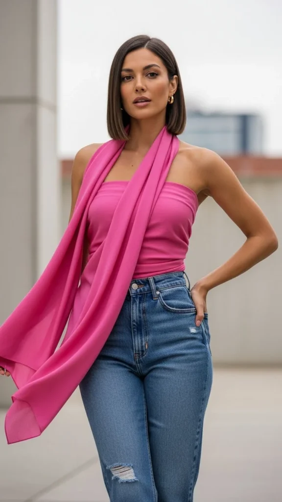Pink Scarf Styled as a Top