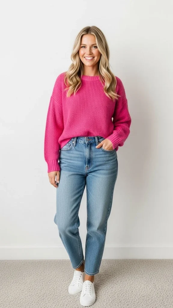 Pink Sweater With Relaxed Denim