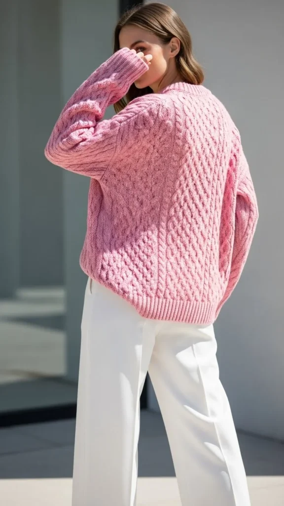 Pink Sweater With White Trousers