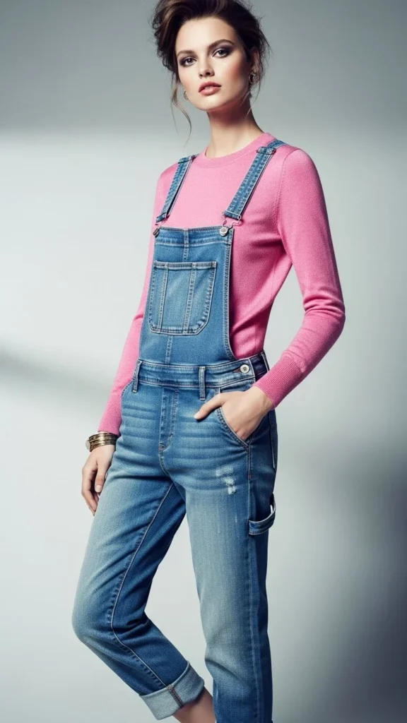 Pink Top Under Denim Overalls