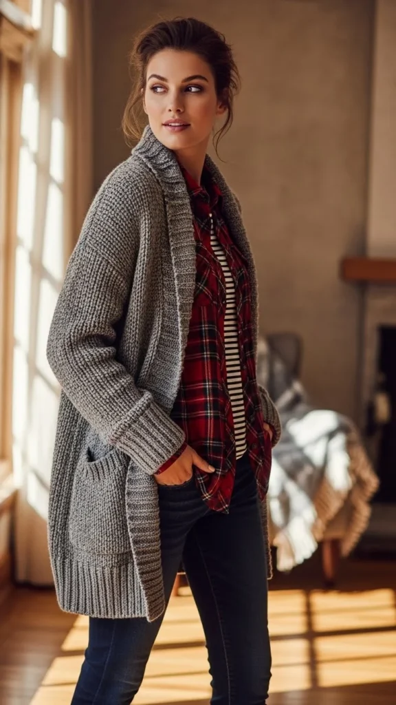 Plaid Shirt With Cozy Cardigan Layers