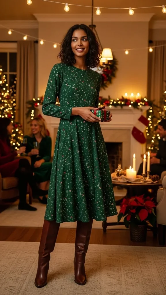 Printed Midi Dress With Boots