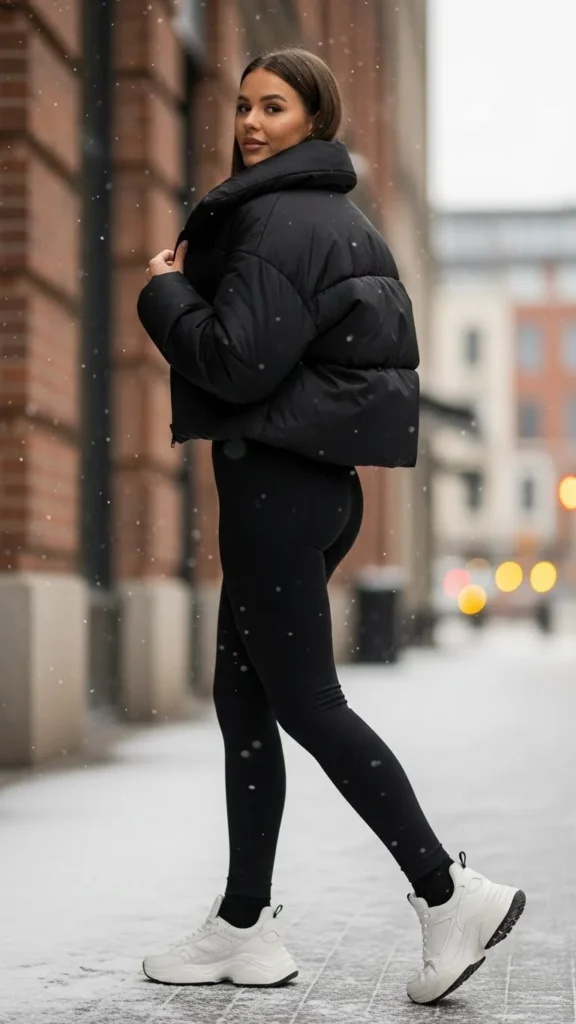 Puffer Jacket With Leggings and Sneakers