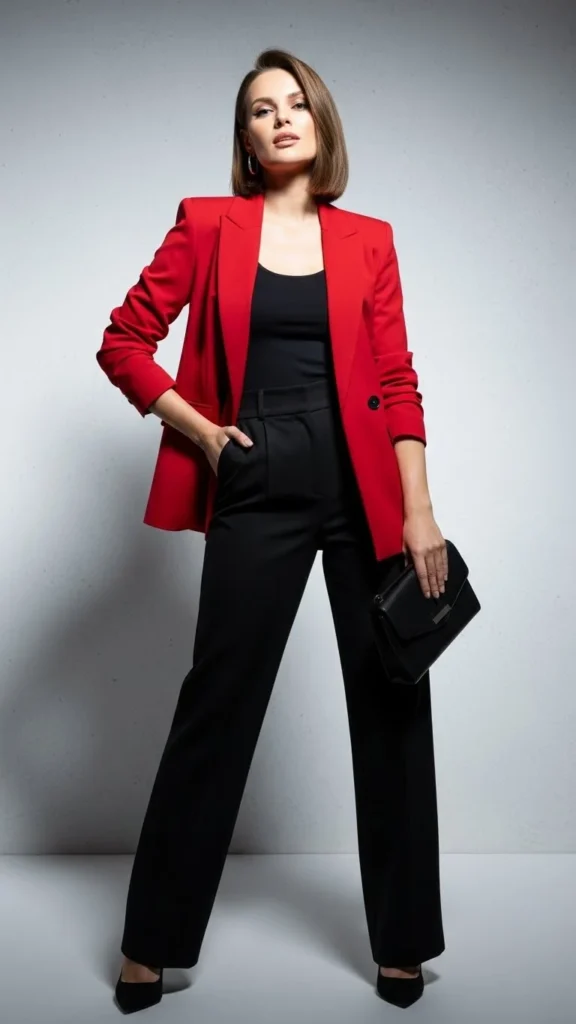 Red Blazer and Black Pants