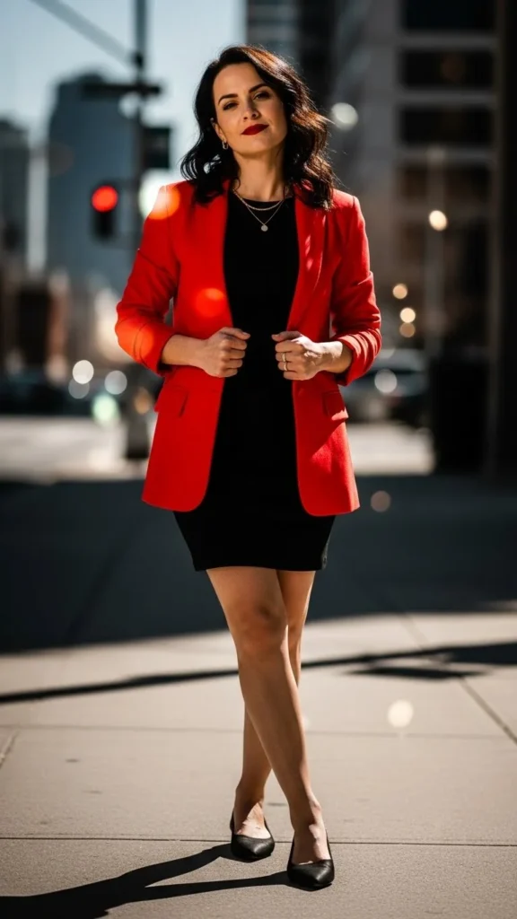 Red Blazer over a Black Mini Dress