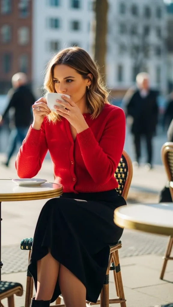 Red Cardigan with Black Midi Skirt