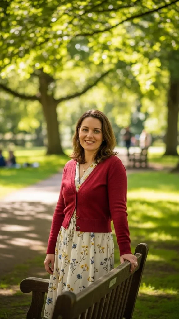 Red Cardigan with Printed Dress