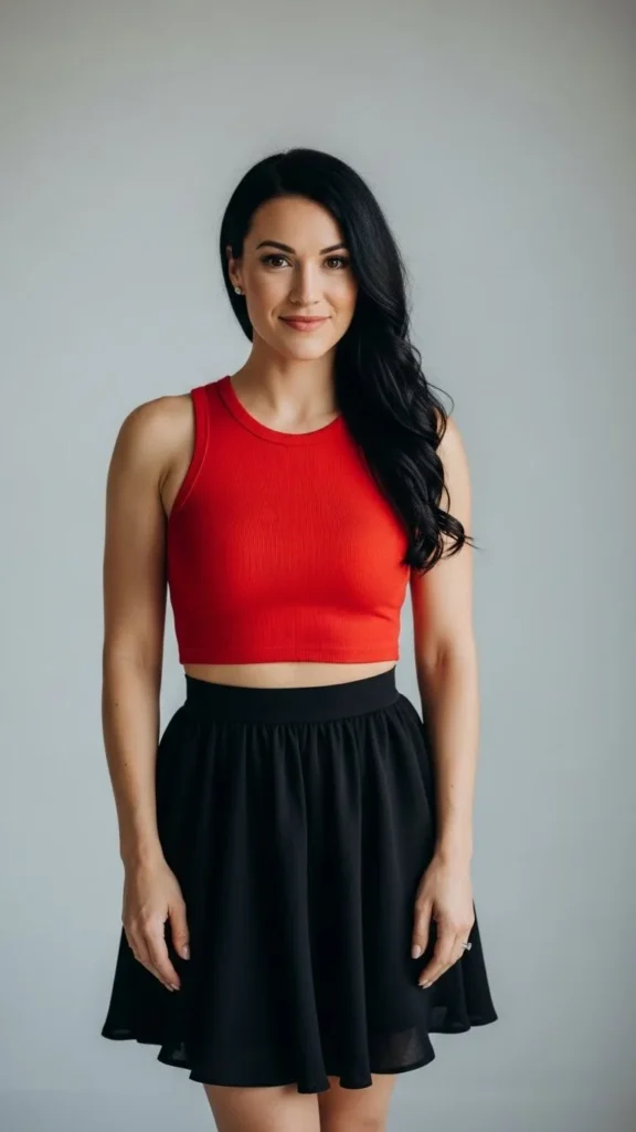 Red Crop Top with High-Waisted Skirt