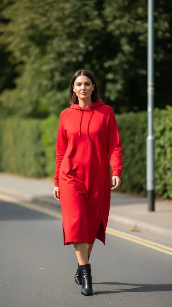 Red Hoodie Dress with Ankle Boots