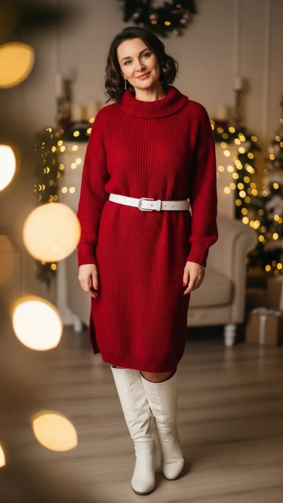 Red Knit Dress & White Accessories