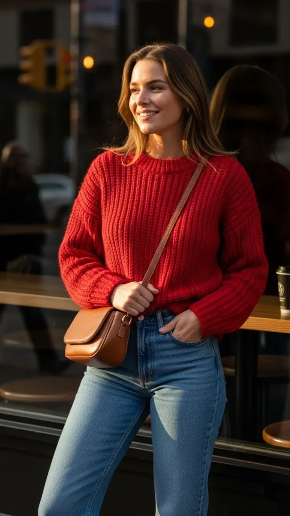 Red Knit Sweater with Straight-Leg Jeans