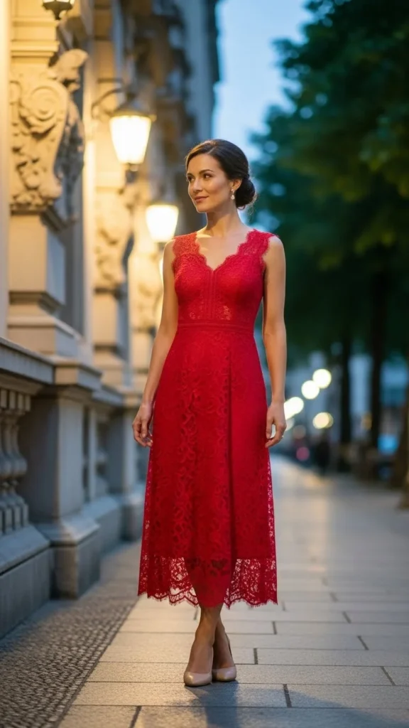 Red Lace Dress with Low Heels