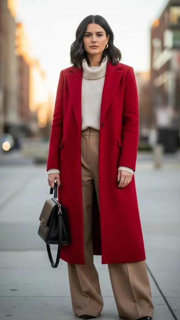 Red Longline Coat over Neutral Outfit