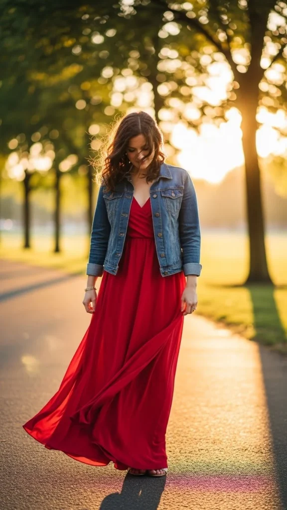 Red Maxi Dress with Denim Jacket