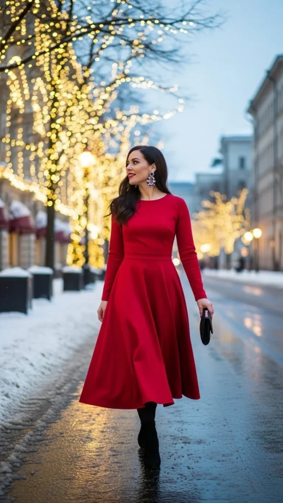 Red Midi Dress with Statement Earrings
