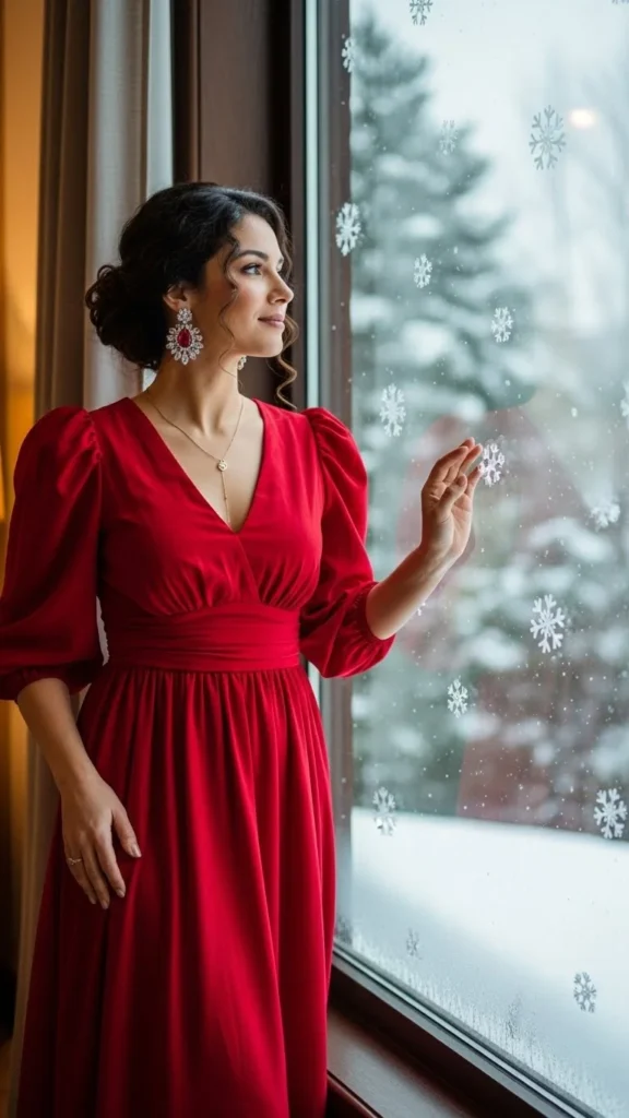 Red Midi Dress with Statement Earrings