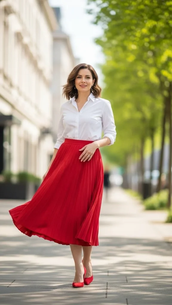 Red Midi Skirt with White Button-Down
